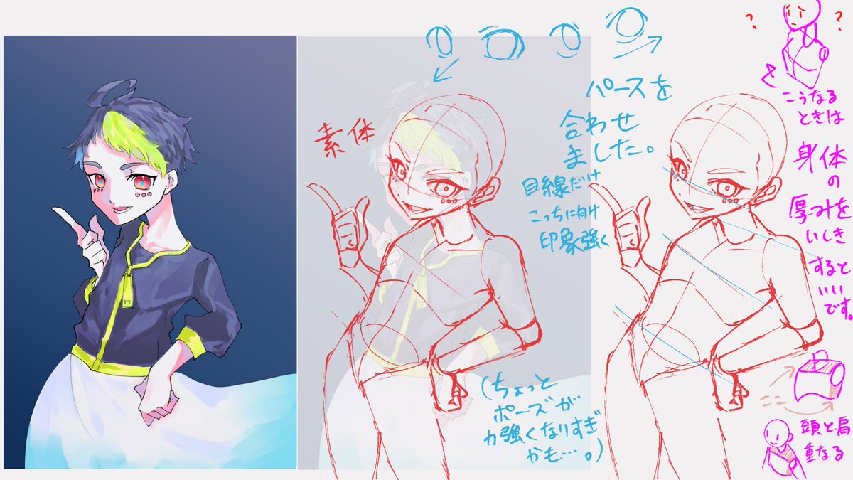 鴉さん(@ karasu_muku14 )のご相談・添削乗りました!3種類あったのでそのうちの1種類だけ公開
見下ろす俯瞰の構図についてと奥になるパーツについてです 