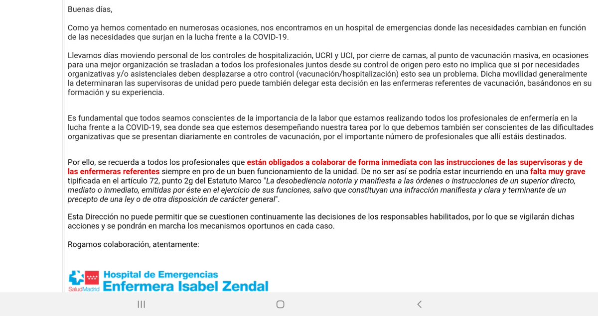 HZendal's tweet photo. ¡Ayuda!

La dirección del Zendal nos amenazando a todos con expedientarnos porque estamos hartas de que jueguen con nosotras.

Llevan 6 meses cambiandonos de turno, de horarios, quitandonos las  noches y haciendo con nosotras lo que quieren.

¡DECIMOS BASTA!

Correo de hoy. https://t.co/RySpNbQknP