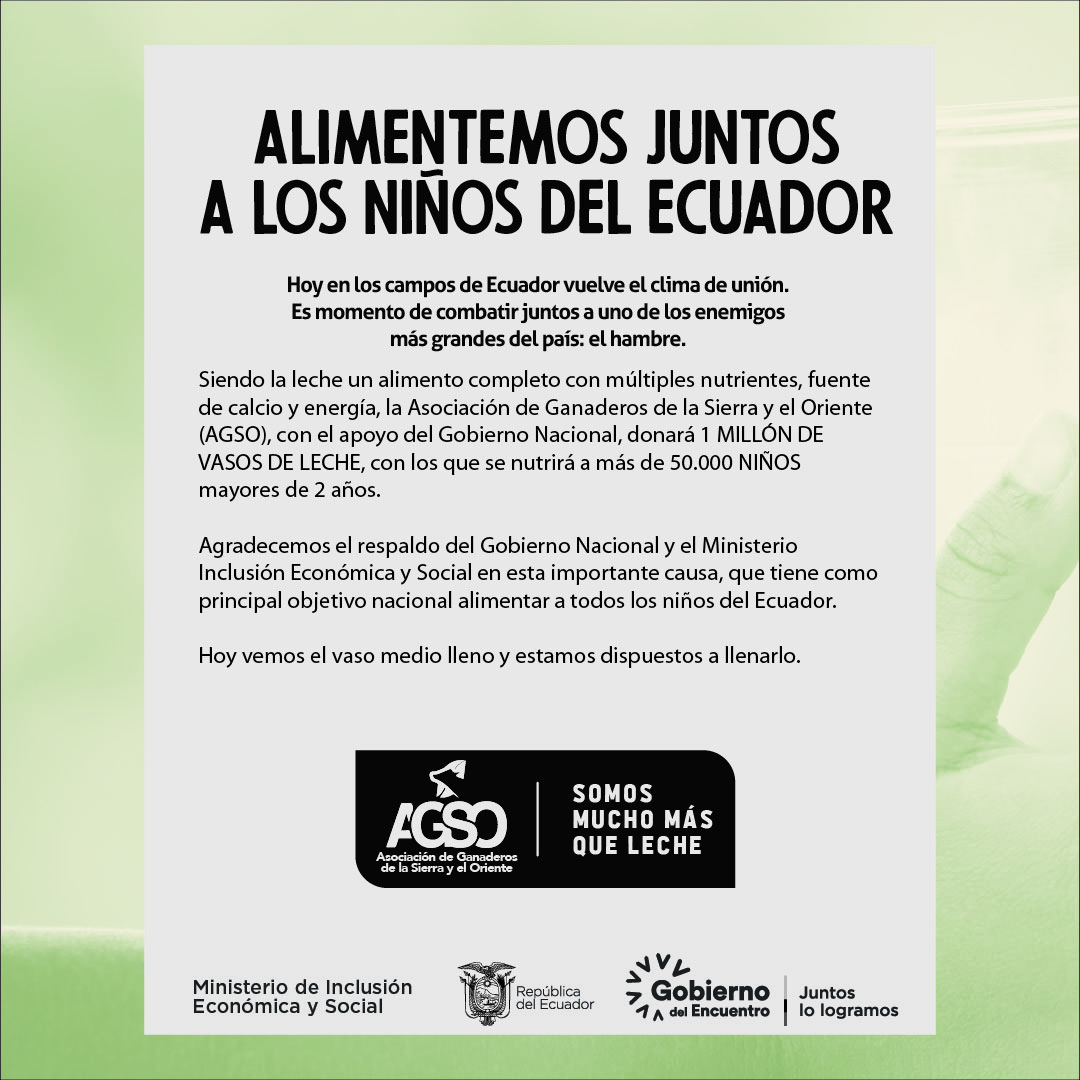 MasQueLecheec's tweet photo. El presidente @LassoGuillermo y representantes del MIES firmaron el compromiso junto a la AGSO de la donación de 1 MILLÓN DE VASOS DE LECHE, que tiene como finalidad alimentar a niños de más de 2 años de zonas vulnerables. Creando compromiso de alimentar juntos a los niños del 🇪🇨 https://t.co/21Ihanj1Qb