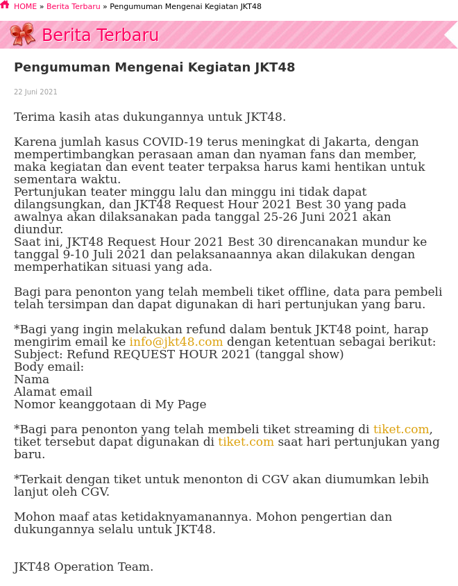 [NEWS] Pengumuman Mengenai Kegiatan JKT48 jkt48.com/news/detail/id…