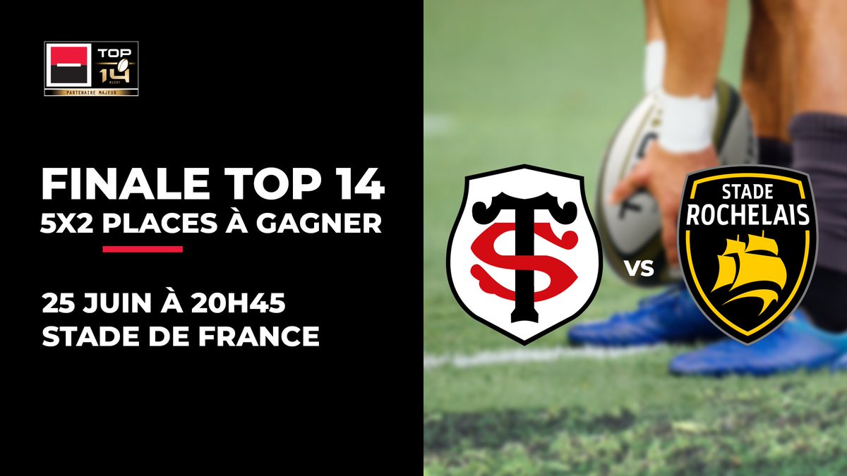 5 x 2 places à gagner pour assister à la grande finale du #TOP14 entre le <a href="/StadeToulousain/">Stade Toulousain</a> et le <a href="/staderochelais/">Stade Rochelais</a> au Stade de France 🏆🏉 
Pour participer, RT + follow <a href="/SG_etvous/">SG et Vous</a> !

Règlement : sg.fr/ReglementJeu (jeu gratuit jusqu’au 24/6 à 17h + tirage au sort)