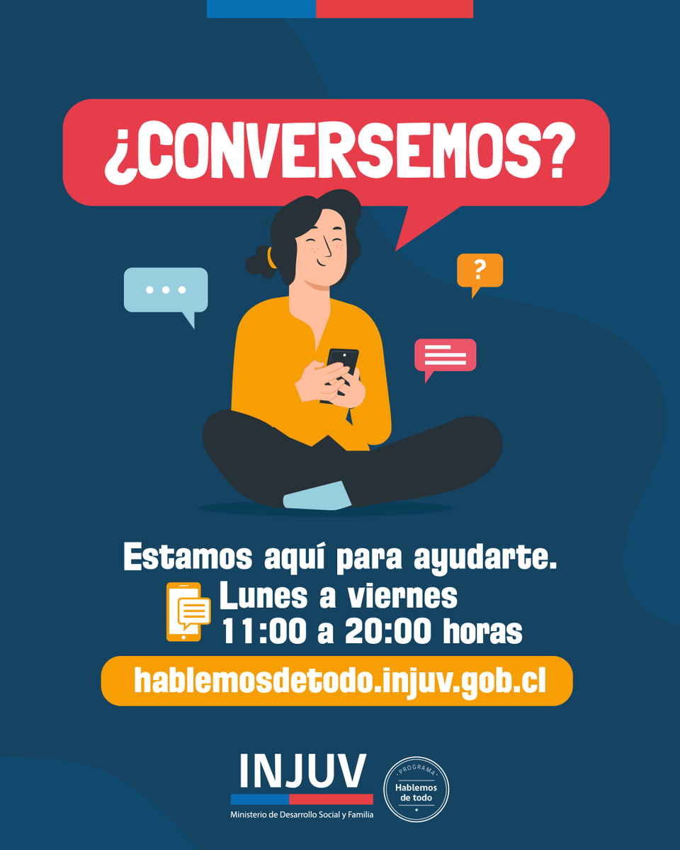 ¿Sabías que tenemos un servicio de orientación psicológica gratuita para jóvenes? 🤗
De 11:00 a 20:00 horas, el chat de #HablemosDeTodo está disponible para ti, donde un o una psicóloga podrá ayudarte y contenerte. 
Encuéntralo en hablemosdetodo.injuv.gob.cl