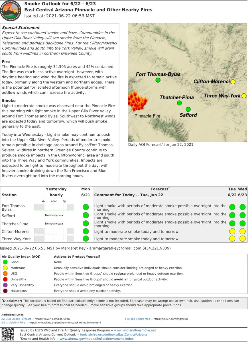 PinnacleInfo21's tweet image. Light smoke may continue to push into the Upper Gila River Valley. Periods of moderate smoke remain possible in drainage areas around Bylas/Fort Thomas. wildlandfiresmoke.net/outlooks/EastC… #AZFire #azwx #pinnaclefire