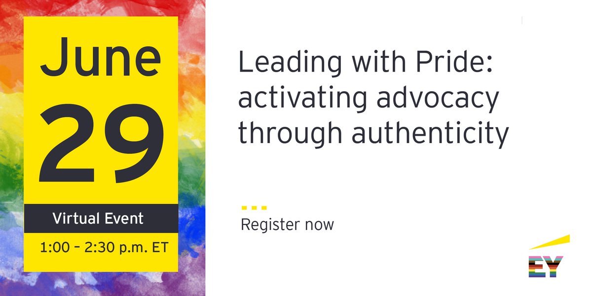 EY_US's tweet photo. June 29 — don’t miss it! Hear from prominent LGBT+ voices on the importance of allyship and cultivating a culture of belonging. REGISTER NOW for this free virtual event: https://t.co/2995zT3lRY #Pride https://t.co/LjnLHzIGrH