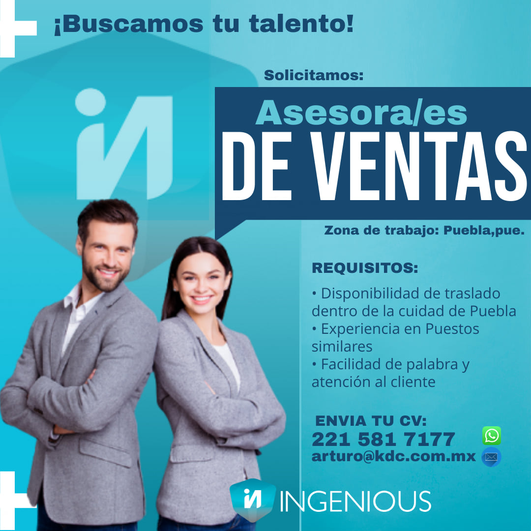 hr_ingenious's tweet photo. Corre la voz, vacante: #trabajo: Asesores/as comerciales. Puebla. Aplica en https://t.co/Lj4PdLpbtT https://t.co/mgOuZGQADH