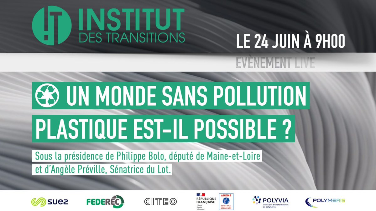 [#Pollution] 🌫
J-2 avant le webinaire "Un monde sans pollution #plastique est-il possible ?" org. par <a href="/IdesTransitions/">Institut des Transitions</a> en part. ac l'<a href="/ademe/">ADEME</a> ! 😍
📅 RDV le 24/06 de 9h à 13h sur Youtube pour une matinée d'échanges et de débats !
👉 institut-transitions.org/webinaire-un-m…