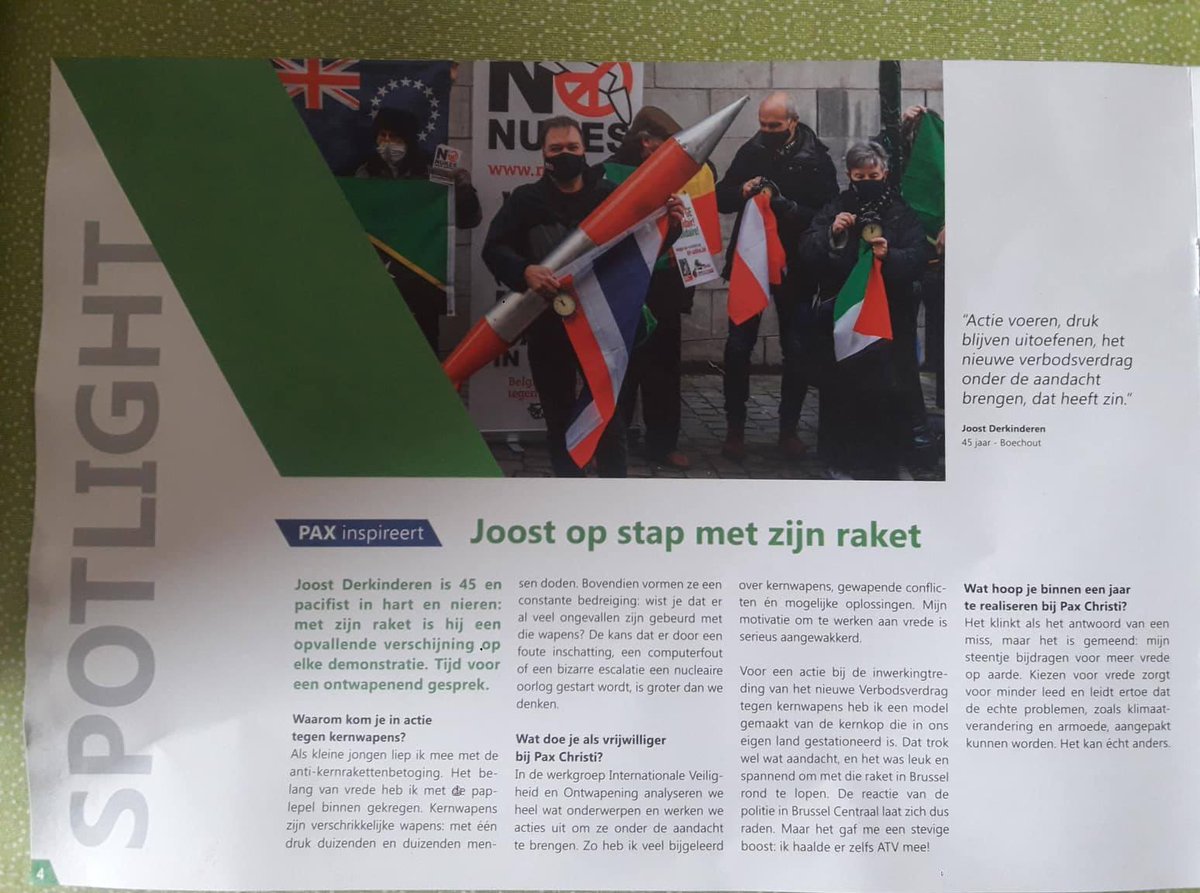 GroenGangmaker's tweet image. Bij goede gelegenheden lossen we onze vredesduif. Zoals hier in het blad van Pax Christi Vlaanderen. Joost vertelt waarom actie voeren voor vrede noodzakelijk is en blijft.