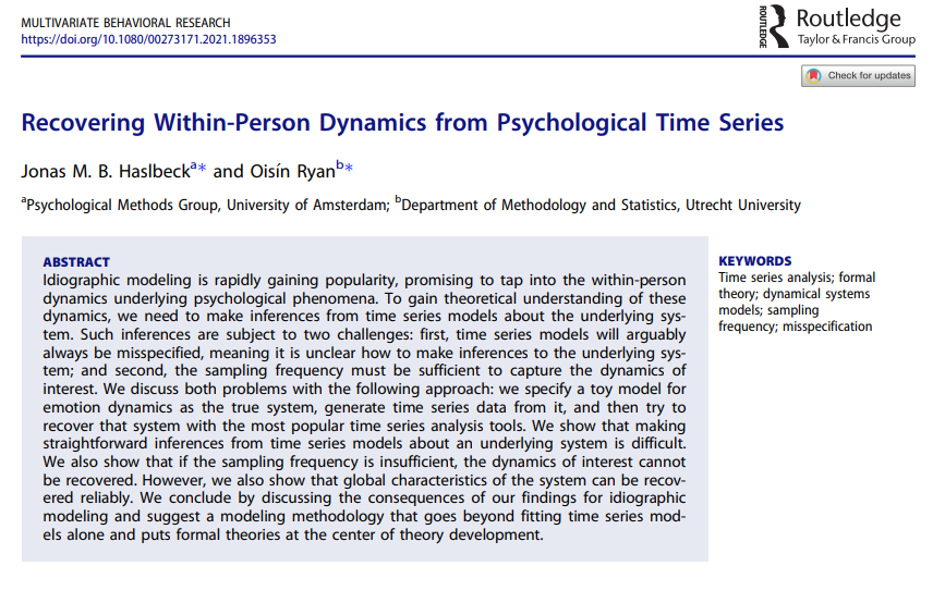 If psychological phenomena are dynamical systems, how can we recover such a system from time series data? What are the possibilities and pitfalls? Now online and open access at MBR, <a href="/jonashaslbeck/">jonas haslbeck (jmbh.bsky.social)</a> and I attempt to give some answers to these questions: tinyurl.com/nw5t36ma
👇