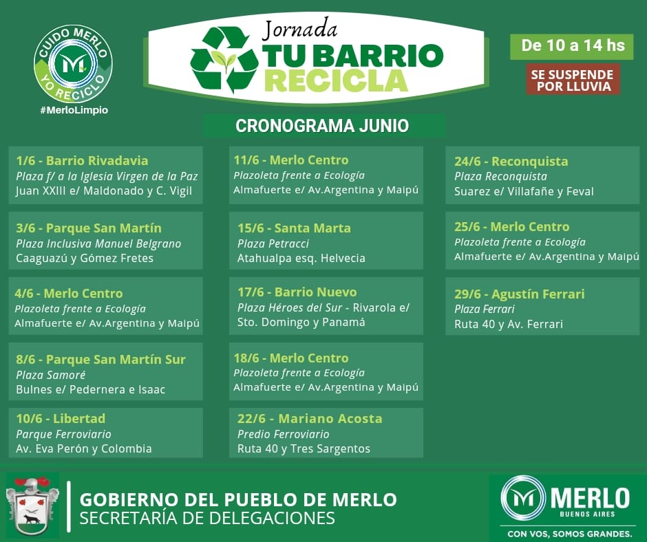 MerloGob's tweet photo. Desde el programa #MerloLimpio llegan las jornadas de #TuBarrioRecicla, organizadas por la Secretaría de Delegaciones de #Merlo.
☑️ Participá llevando tus reciclables separados, limpios y secos
♻ https://t.co/CLCwpA0BeZ
#CuidoMerlo #YoReciclo https://t.co/ozNM2NMO7Q
