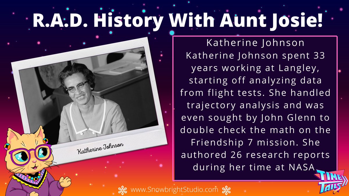 sbrightstudio's tweet photo. Katherine Johnson was a revolutionary woman - from being the only woman out of a group of three individuals chosen to integrate West Virginia University to her long and illustrious career at NASA. #RadHistory #TimeTails #womeninhistory https://t.co/XM71tjriUT