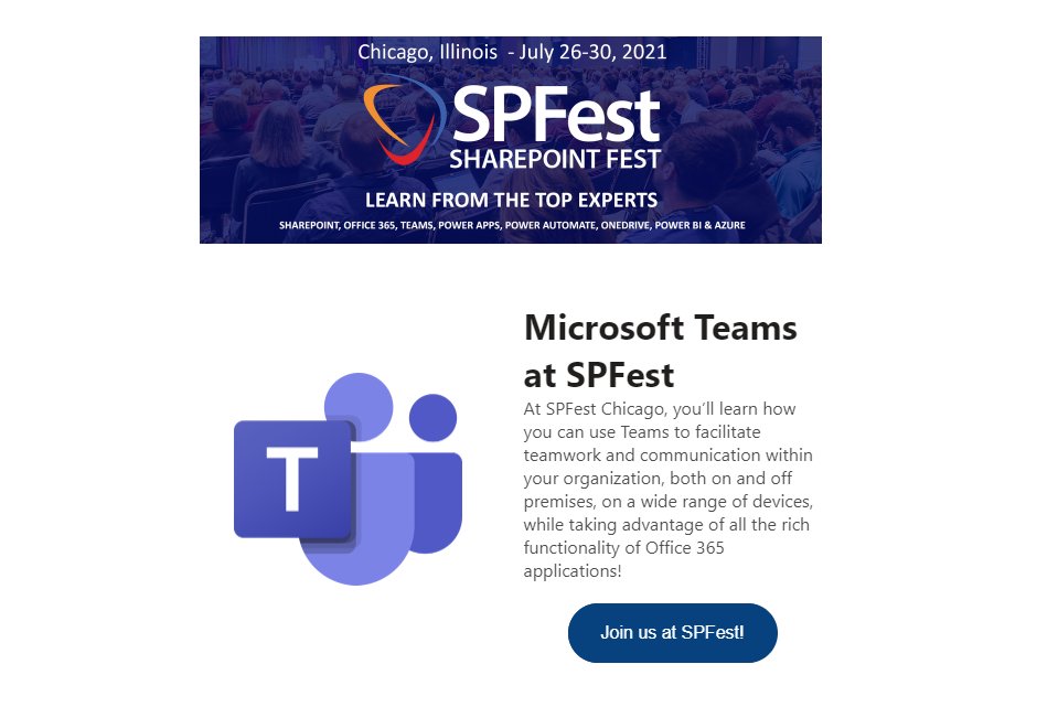 mkashman's tweet image. #SPFest Chicago (Jul.26-30.2021) offers 4 workshops and 20 breakout sessions *on @MicrosoftTeams*

Review all and register today: sharepointfest.com/Chicago/index.… @SPFest #SPFestChi