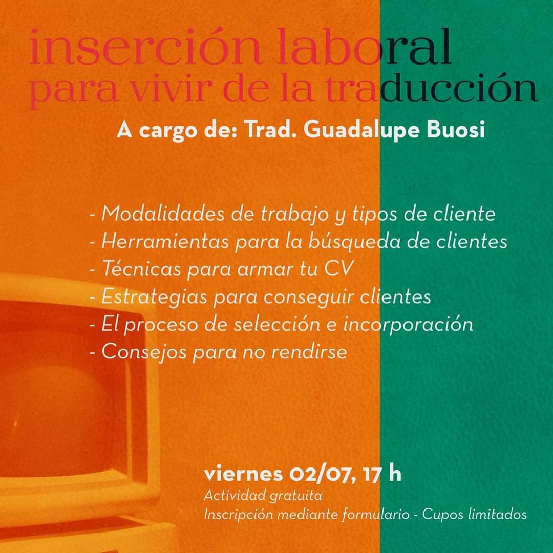 guadabuosi's tweet image. El viernes 2 de julio a las 17 horas, daré este #taller sobre inserción laboral para vivir de la #traducción.

Si no sabés cómo insertarte al mercado laboral, ¡te invito a este taller para trabajar de lo que te gusta!

#translation #workshop #tl8n #t9n #l10n #translators