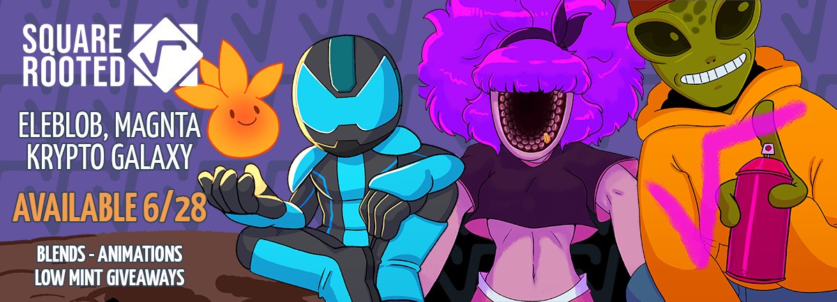 SquareRootedNFT's tweet image. Launching 6/28 @ 8AM PDT, Animation Collabs with @EleBlobNFT @Magnta555 and @kryptogalaxy

More details at squarerooted.io over the coming days.
