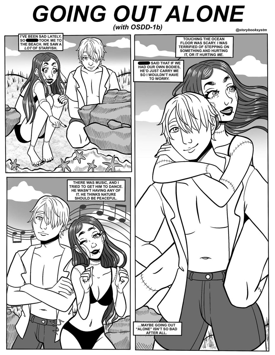 storybooksystm's tweet image. We made a lil comic page about being a system and trying to utilize that to combat the post-pandemic agoraphobia, and I actually think it turned out pretty well!! ✨ (headmate's name redacted for privacy)