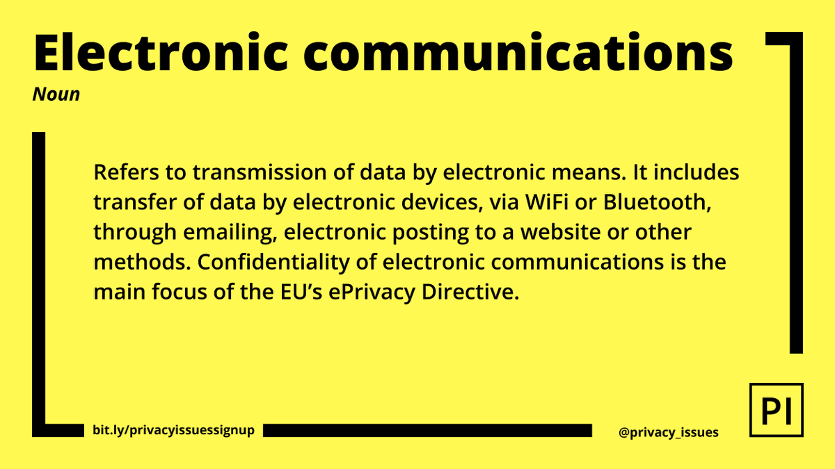 privacy_issues's tweet image. Today is Tuesday &amp;amp; it&apos;s time for #GlossaryPI! The #privacy term of the day is #electronic #communications as defined &amp;amp; regulated by #ePrivacy draft regulation.

Follow us &amp;amp; share our terminology with your friends.

#sharingiscaring