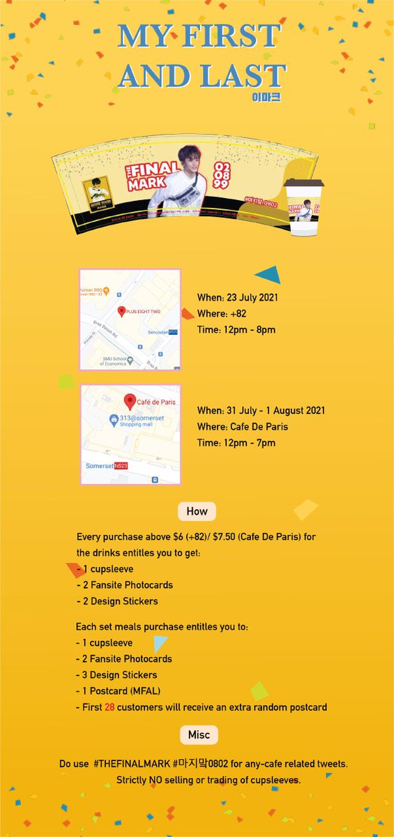 MAJIMARK0802's tweet photo. 𝗙𝗼𝗿 𝗠𝗮𝗿𝗸 𝗟𝗲𝗲

— cafe event details.
🗓 23rd July 2021
📍 +82
🗓 31st July - 1st August 2021
📍 Cafe Dè Paris

🖇 #THEFINALMARK #마지맠0802 for any cafe-related tweets😊

— fanpack design notice.
🌷 $7/set
🔗 order form: https://t.co/OXElagdpIa

See y’all there! 🥰
#MARK https://t.co/KbpxYfp8Ho