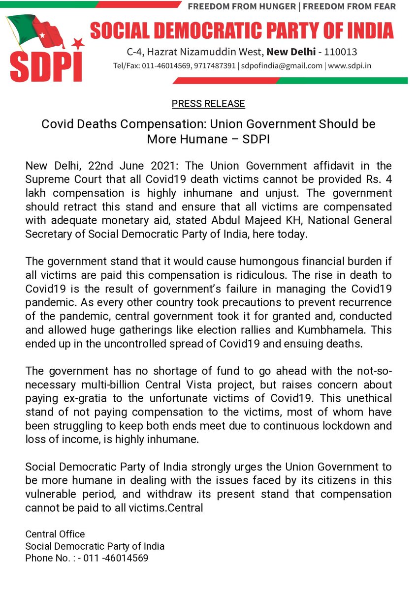 SDPI (@sdpofindia) on Twitter photo Covid Deaths Compensation: Union Government Should be More Humane
#COVID19 <a href="/AbdulMajeedSDPI/">Abdul Majeed</a> <a href="/sdpofindia/">SDPI</a> Covid Deaths Compensation: Union Government Should be More Humane
#COVID19 <a href="/AbdulMajeedSDPI/">Abdul Majeed</a> <a href="/sdpofindia/">SDPI</a>