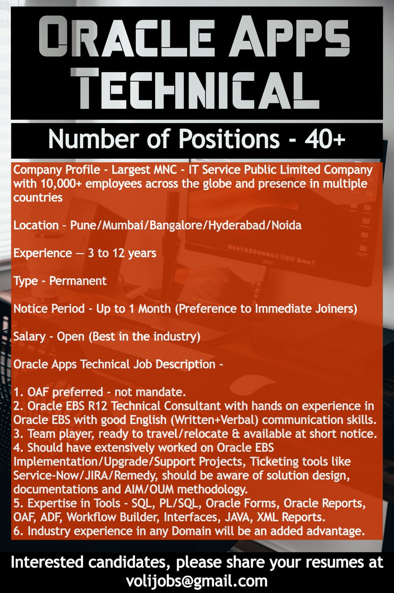 thisisvoliskill's tweet image. Oracle Apps Technical *Job Alert* -
40+ Job Positions Open. For more such opportunities, join our exclusive Oracle Apps Technical group - linkedin.com/groups/1252951…
#oracle #oracleappstechnical #jobopportunity #oraclejobs #jobs2021 #jobalert #mncjobs #publiclimitedcompany #hiring