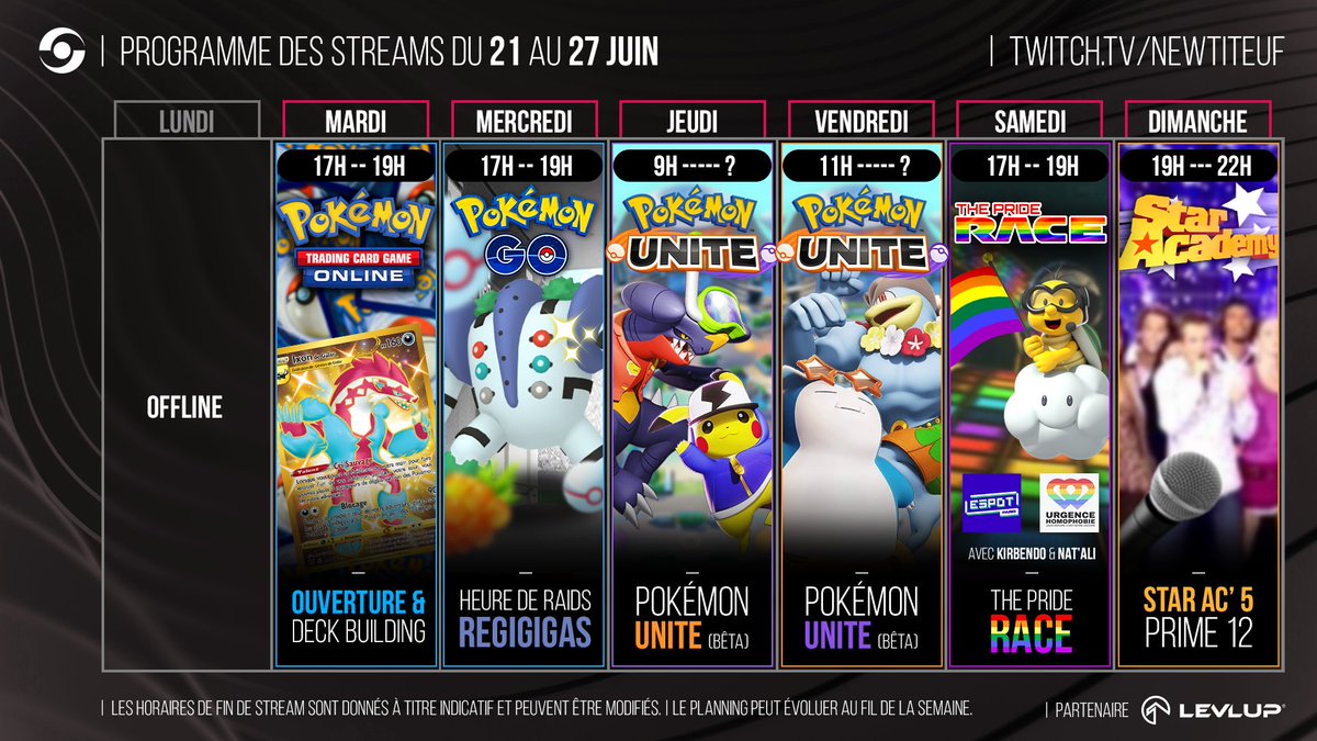 Planning INCROYABLE avec :
- La bêta de #PokemonUNITE
- Mais surtout la #PrideRace sur #MarioKart en plateau ce Samedi à 17h à l'<a href="/espotparis/">ESpot</a> en collaboration avec <a href="/UHomophobie/">Urgence Homophobie 🏳️‍🌈</a> à l'occasion de la #Pride2021 en compagnie de <a href="/Kirbendo/">𝓚𝓲𝓻𝓫𝓮𝓷𝓭𝓸 🇵🇸🏳️‍🌈</a> et <a href="/_Nat_Ali/">Nat'ali</a> 🔥

▶ TWITCH.TV/NEWTITEUF