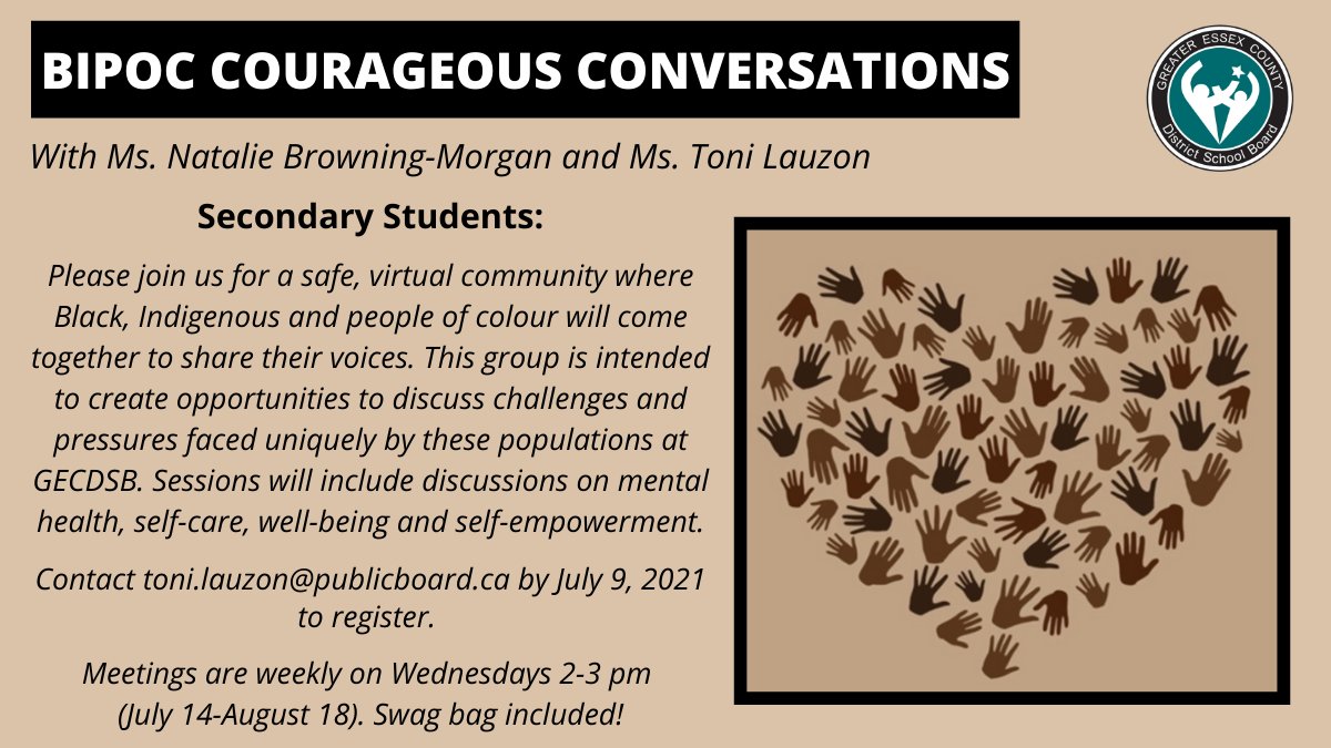 Please join us for a safe, virtual community where Black, Indigenous and people of colour will come together to share their voices. Contact toni.lauzon@publicboard.ca by July 9, 2021 to register. 

Meetings are weekly on Wednesdays 2-3 pm (July 14-August 18)!