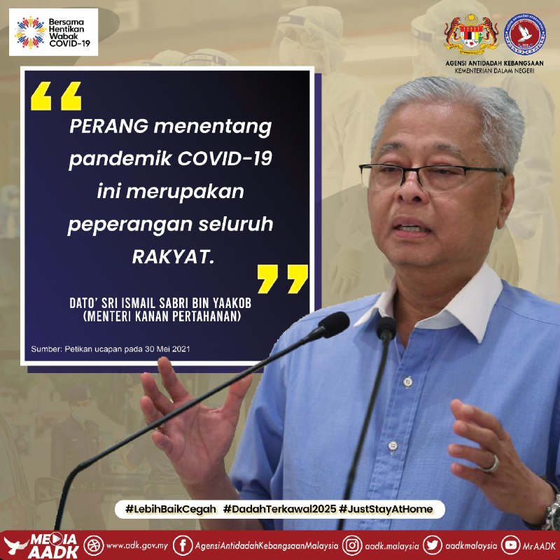 AADKMalaysia's tweet photo. "Perang menentang pandemik COVID-19 ini merupakan peperangan seluruh rakyat. Justeru saya menyeru, semua rakyat tanpa mengira agama, bangsa dan fahaman politik untuk sama-sama memerangi COVID-19. Ini adalah peperangan kita bersama. https://t.co/B5kodSEkCz