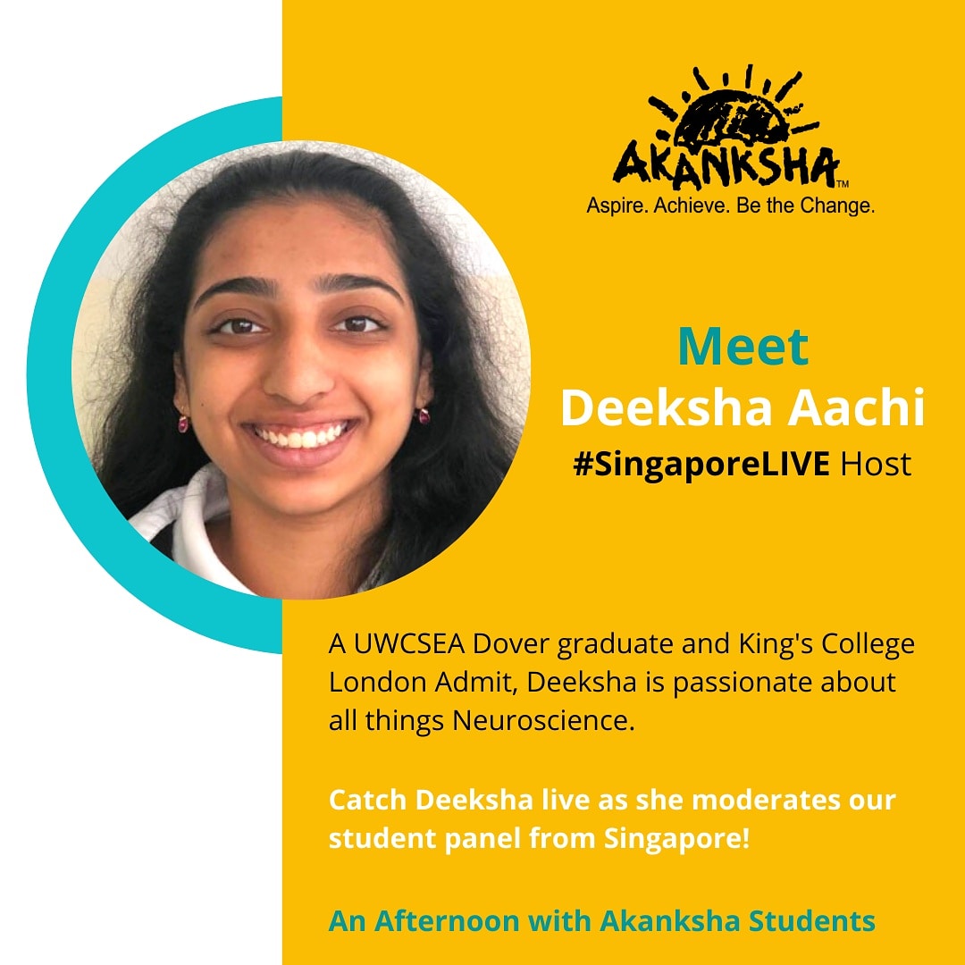 Akanksha_India's tweet photo. Introducing Deeksha, our host for #SingaporeLIVE that will see Akanksha children share their thoughts on education in the pandemic with an audience from Singapore and beyond.
Deeksha volunteered with Akanksha in 2018 and taught Math and Science to our children. https://t.co/klnjtJ6pp0