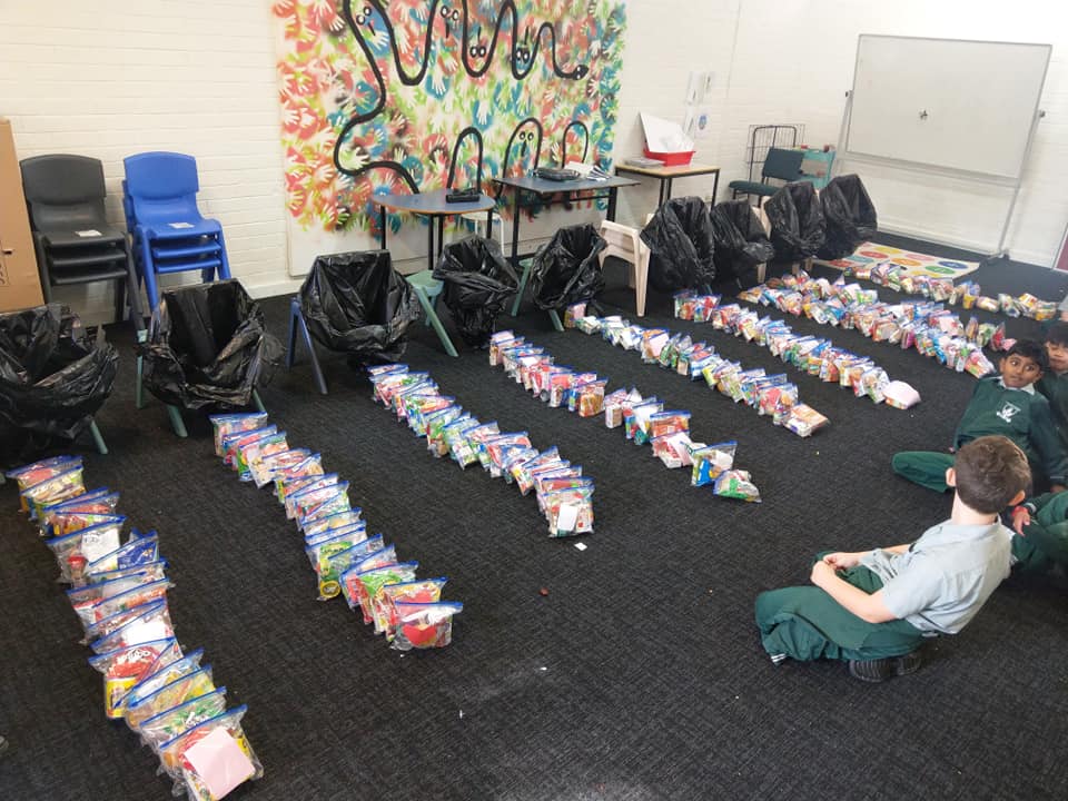Yrs 2 &amp; 5 putting faith in action In Religious Education this term. Today, they made nearly 180 snack packs, which will be handed out by <a href="/VinniesNSW/">Vinnies NSW</a> Vinnies Van Night Patrol Service. #love #neighbour #hope #joy <a href="/CatholicEdParra/">Catholic Schools Parramatta Diocese</a>