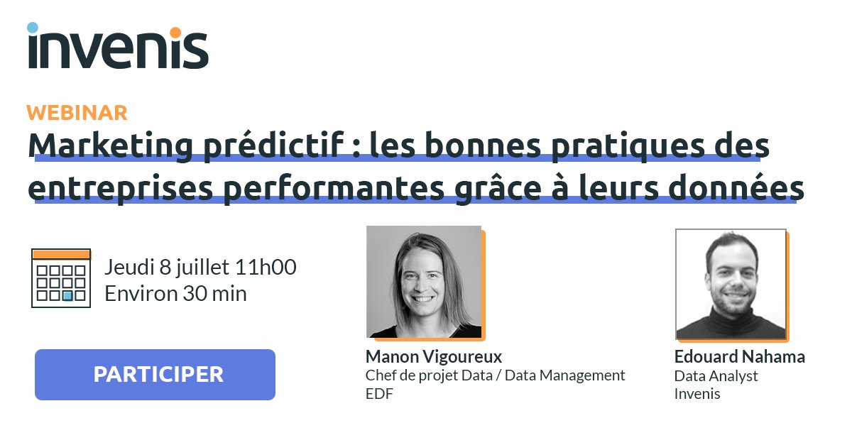 [Webinar] - Des actions #marketing et #commerciales qui génèrent plus d'opportunités ? 
🤩 C'est possible grâce à une bonne exploitation des #données ! 

Rendez-vous jeudi 8 juillet à 11h pour un #webinar dédié au marketing prédictif 👉 app.livestorm.co/invenis-2/augm…

#data #datascience