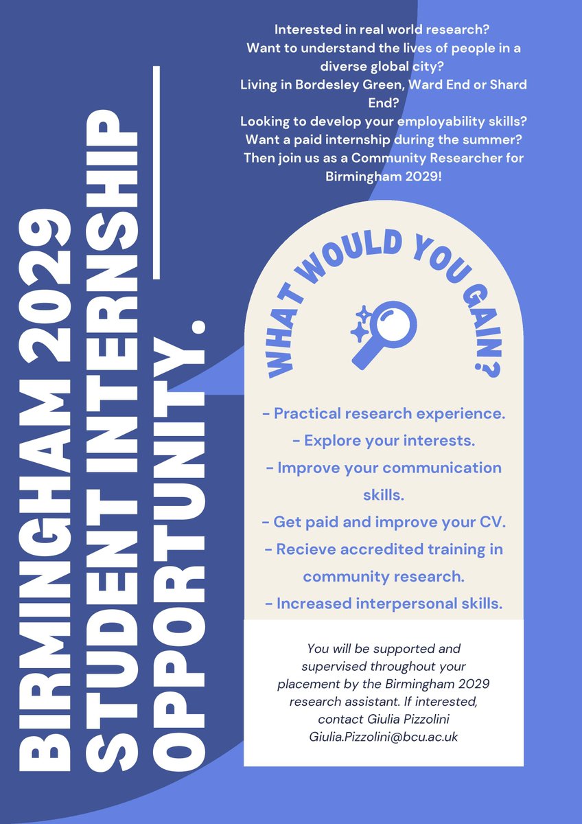 📣<a href="/MyBCU/">Birmingham City University</a> students! Interested in a paid internship as a trained researcher? 

You can now apply to work as a Community Researcher with the BCU Birmingham 2029 team!

careers.bcu.ac.uk/leap/jobSearch…