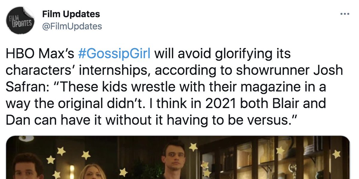 HBO Max’s #GossipGirlwill avoid glorifying its characters’ internships, according to showrunner Josh Safran: “These kids wrestle with their magazine in a way the original didn’t. I think in 2021 both Blair and Dan can have it without it having to be versus.”