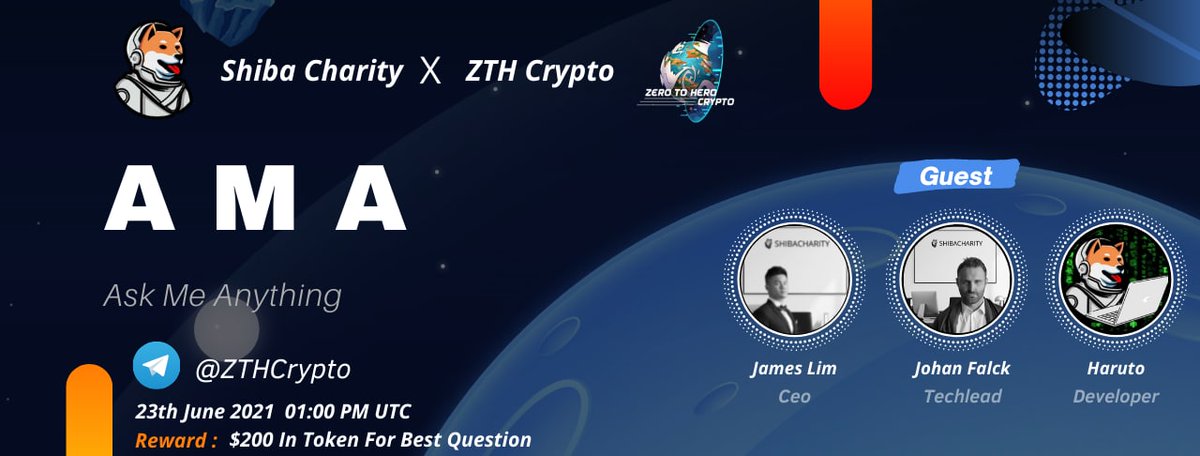 ZTH Crypto | Web3 Exploring Crypto (@zthcrypto) on Twitter photo 📣AMA Session📣
🌟 <a href="/ZthCrypto/">ZTH Crypto | Web3 Exploring Crypto</a> will host AMA with @CharityShiba
⏰Time
23th June 2021 01:00 PM UTC
💠Reward $200 in Token For Question
💥AMA Session Room : t.me/ZTHCrypto
🗨 Drop Twitter Question
🎗Rules Follow @CharityShiba 📣AMA Session📣
🌟 <a href="/ZthCrypto/">ZTH Crypto | Web3 Exploring Crypto</a> will host AMA with @CharityShiba
⏰Time
23th June 2021 01:00 PM UTC
💠Reward $200 in Token For Question
💥AMA Session Room : t.me/ZTHCrypto
🗨 Drop Twitter Question
🎗Rules Follow @CharityShiba