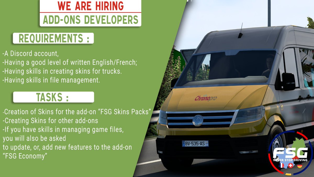 FSG_Map's tweet photo. Guess what! The FSG Team is hiring: We are looking for new Addons Developers, Mappers, and 3D Artists. If you're willing to help the team, head over to: https://t.co/MkL4YTkepb and fill out the form. Good luck everybody! 😉 https://t.co/A4MTUbfi3S