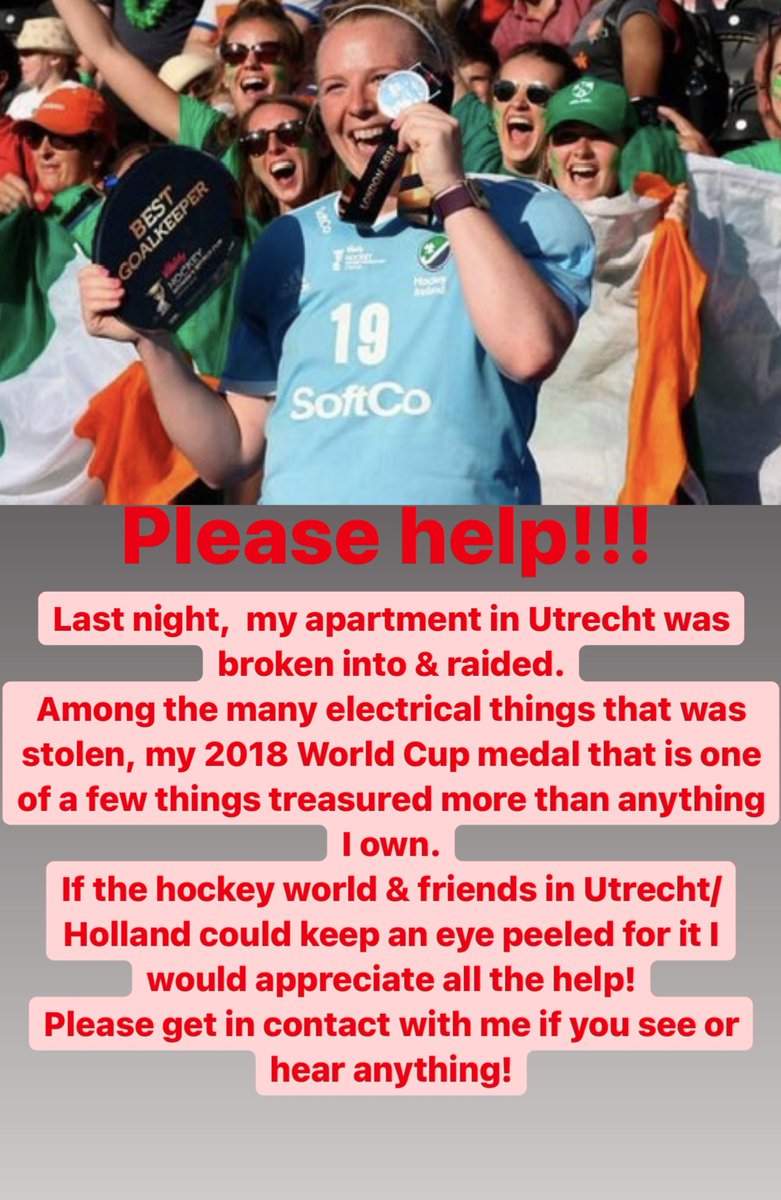 Please help!!! 
Some coward decided to break into my apartment &amp; steal mine &amp; my roommates belongings! Among that was my 2018 World Cup medal which is more valuable than all electronics! 
I would appreciate any help from the hockey world &amp; Utrecht family in finding my medal🙏🏻