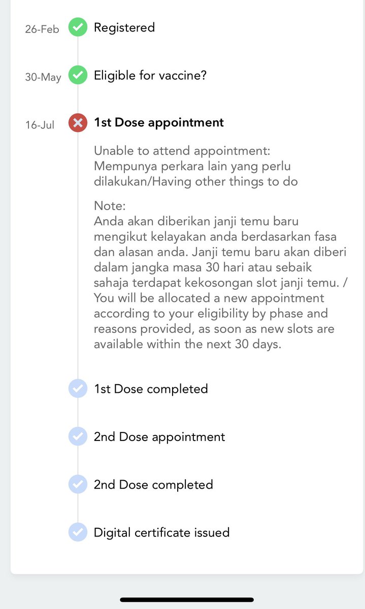 Ruba_Ram's tweet photo. @my_sejahtera @JKJAVMY my app is not updated after cancelling this AZ appointment due to unavoidable reason. A number of my acquaintances have this in their app and after being called for another vaccination, they couldn’t get the vaccination because of this status in their app. https://t.co/nPEsWrNKiE