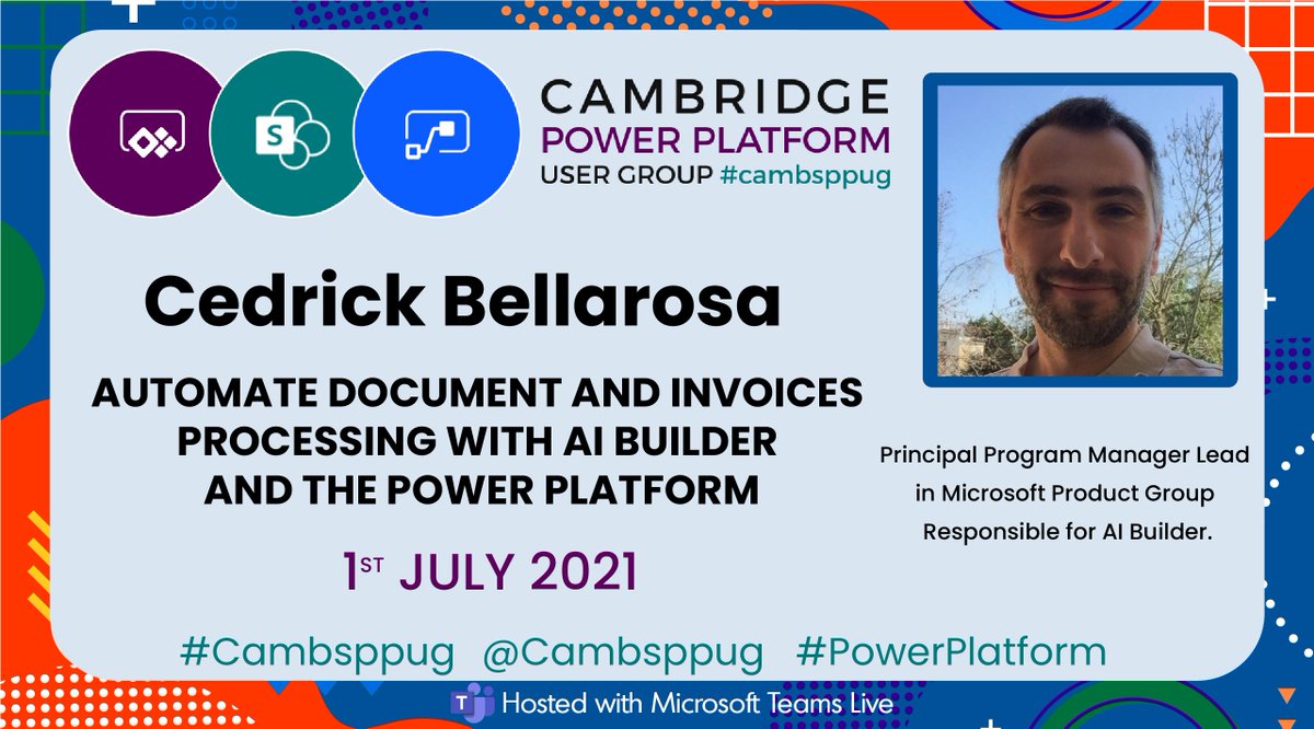 cambsppug's tweet photo. Next week we'll be kicking off the next #Cambsppug. Free event for anyone that wants to learn more about the #PowerPlatform. Join Cedrick Bellarosa's session on 'Automate document and invoices processing with #AIbuilder and the @MSPowerPlat. 
Register now: https://t.co/P97mKXVjf9 https://t.co/BpvtdGsovb