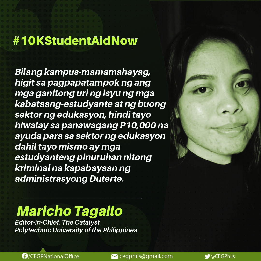 READ: Campus journalists support Emergency Student Aid and Relief Bill 

Show your support by signing here: tinyurl.com/10KStudentAid 

Answer the survey here: tinyurl.com/10KSurveyForm

#10KStudentAidNow
#NoStudentLeftBehind