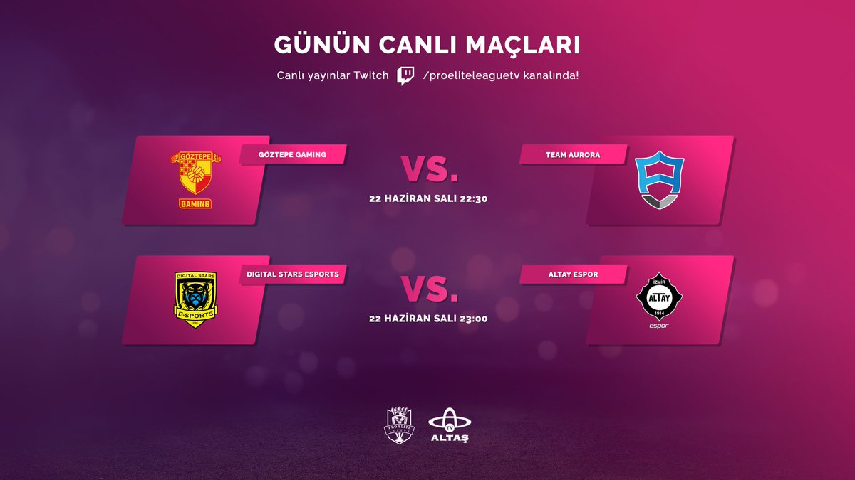 Günün maçları, Ahmet Alkaya'nın sunumu ile canlı yayınla Pro Elite League TV'de!

22:30 | Göztepe Gaming - Team Aurora
23:00 | Digital Stars Esports - Altay Espor

<a href="/ahmet5alkaya/">Ahmet ALKAYA Club</a> 
 
twitch.tv/proeliteleague…

#ElitlerinLigi
