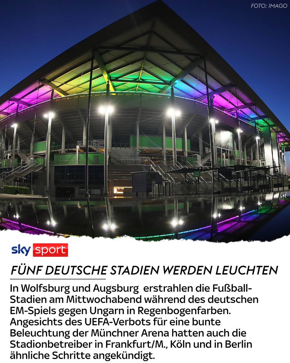 SkySportNews's tweet photo. UEFA verbietet München die bunte Beleuchtung. 🏳️

Die anderen deutschen Stadien zeigen Flagge. 🏳️‍🌈

Bereits sind es 5 Stadien und wir zählen weiter.... 🖐️  #euro2020 #pride https://t.co/OgCQW8tybG