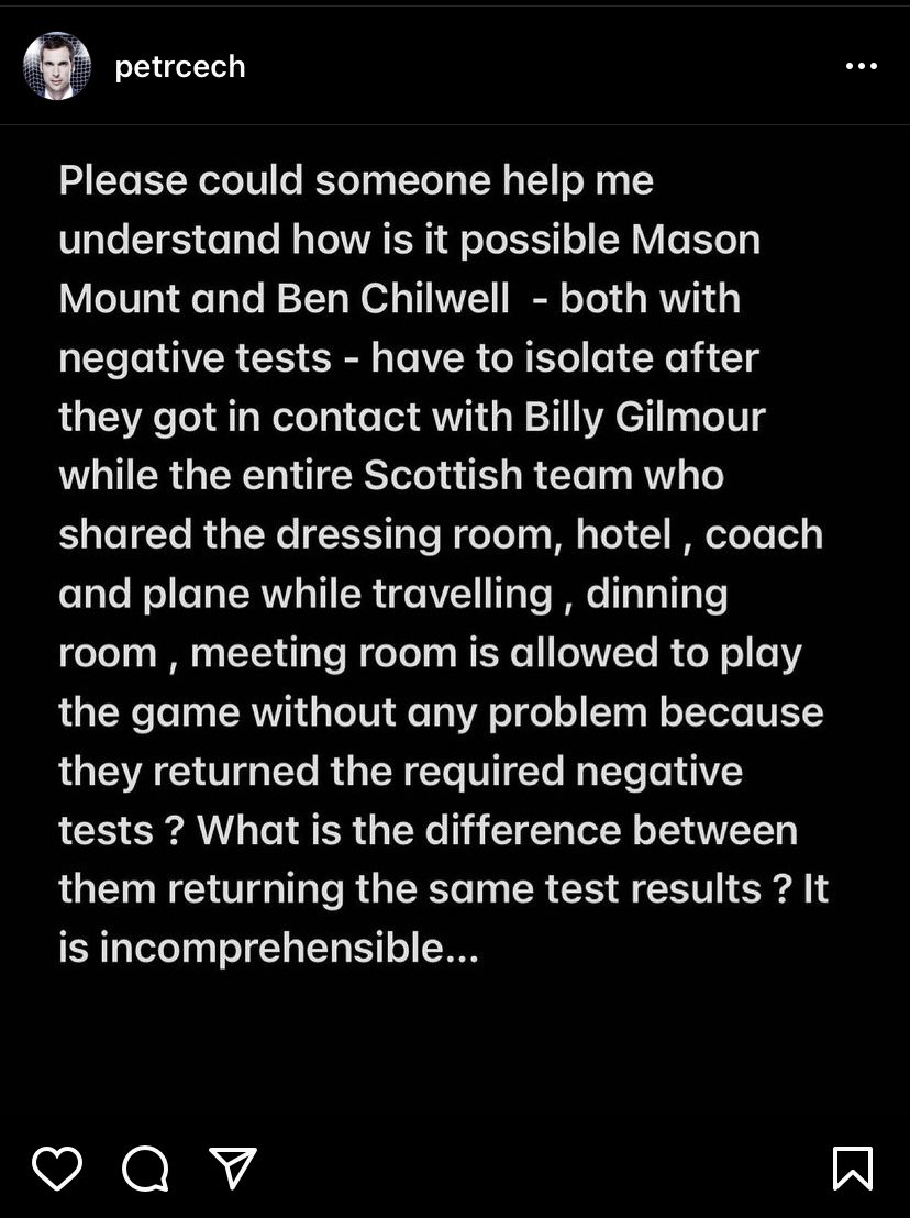 Petr Cech as perplexed as everyone else over Mason Mount and Ben Chilwell having to isolate and miss England’s game tonight.