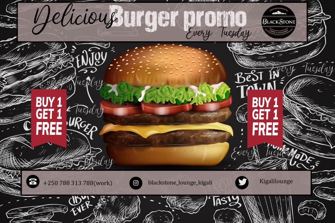 KigaliLounge's tweet photo. It’s gonna be PROMOs #everyday this #summer 🥳🥳🥳

DELICIOUS BURGER PROMO EVERY TUESDAY🥵🥵

Buy one 🍔 get one 🍔 FREE 
#YouKnowTheSpot🥵

For #deliveries you know what to do;
@Pozodelivery @A2bRwanda @vubavubarw &amp; @RushFoodsRwanda https://t.co/sMpfgTMtL7