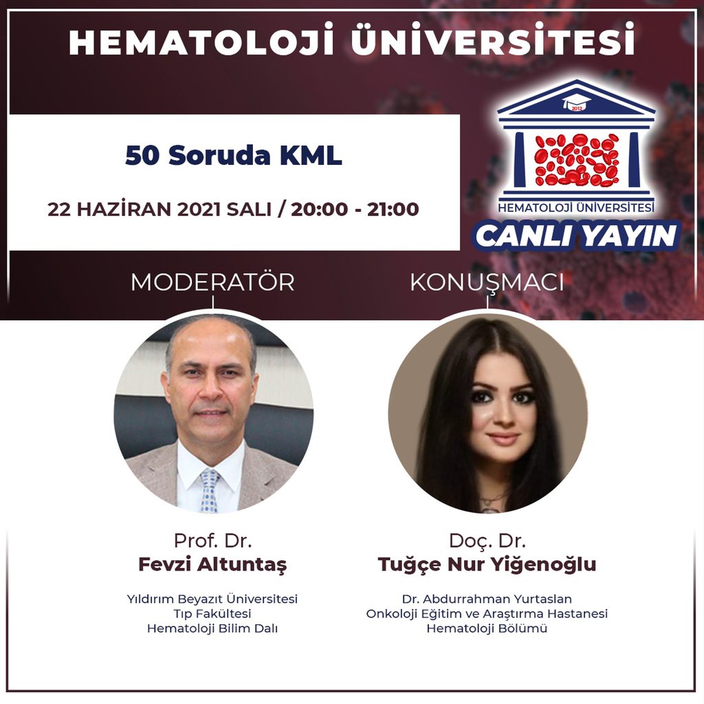 Bu akşam 50 soruda #KronikMyeloidLösemi  (#KML) konuşacağız. İlgi duyanları bekleriz. 

#kanser #Cancer #lösemi #leukemia #klinikarastırmalar #research #kronikmyelositklosemi #chronicmyeloidleukemia #cml #drfevzialtuntas #profdrfevzialtuntas