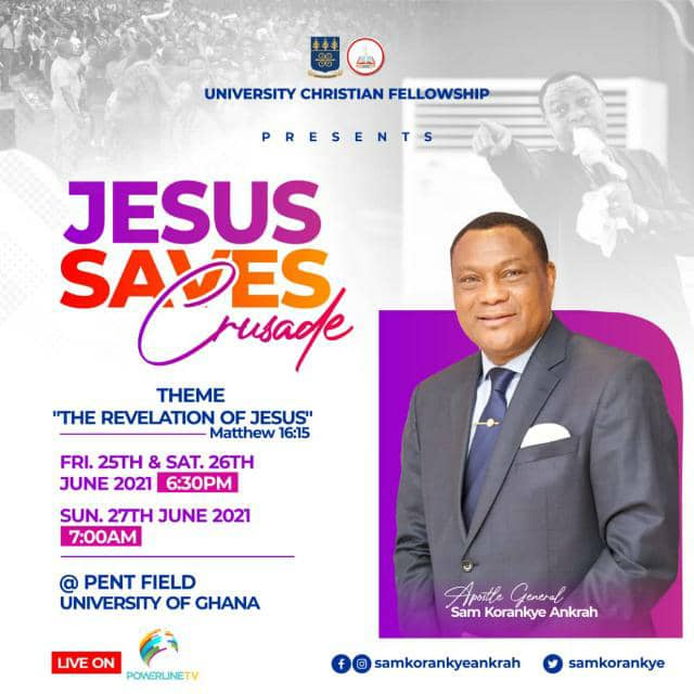 ROSA_GIJ's tweet photo. Join @SamKorankye at the JESUS SAVES CRUSADE for a live changing experience.

3days of encounter with the Saviour at the Pent Field, Legon.
Fri. 25th &amp; Sat.26th June 2021 6:30pm
Sunday 27th June 2021 7am.

#AGSTORMSUG 
#JESUSSAVESCRUSADE https://t.co/HBs82E2u7b