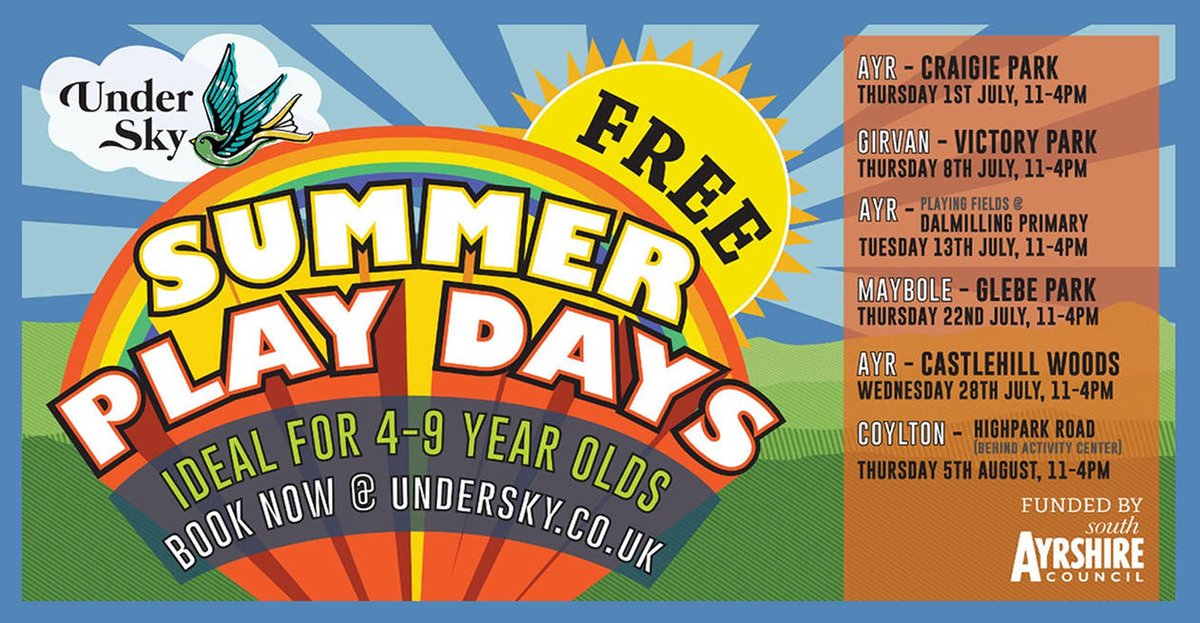 underskyplay's tweet photo. Attention little environment adventurers, we are bringing FREE play days to South Ayrshire this Summer! Celebrate our wonderful wildlife through super fun active games and nature exploration. Book now: https://t.co/vxS2kC4Hhi #SACPlayistheway #activeplay #playoutside https://t.co/xkpDewpOnb