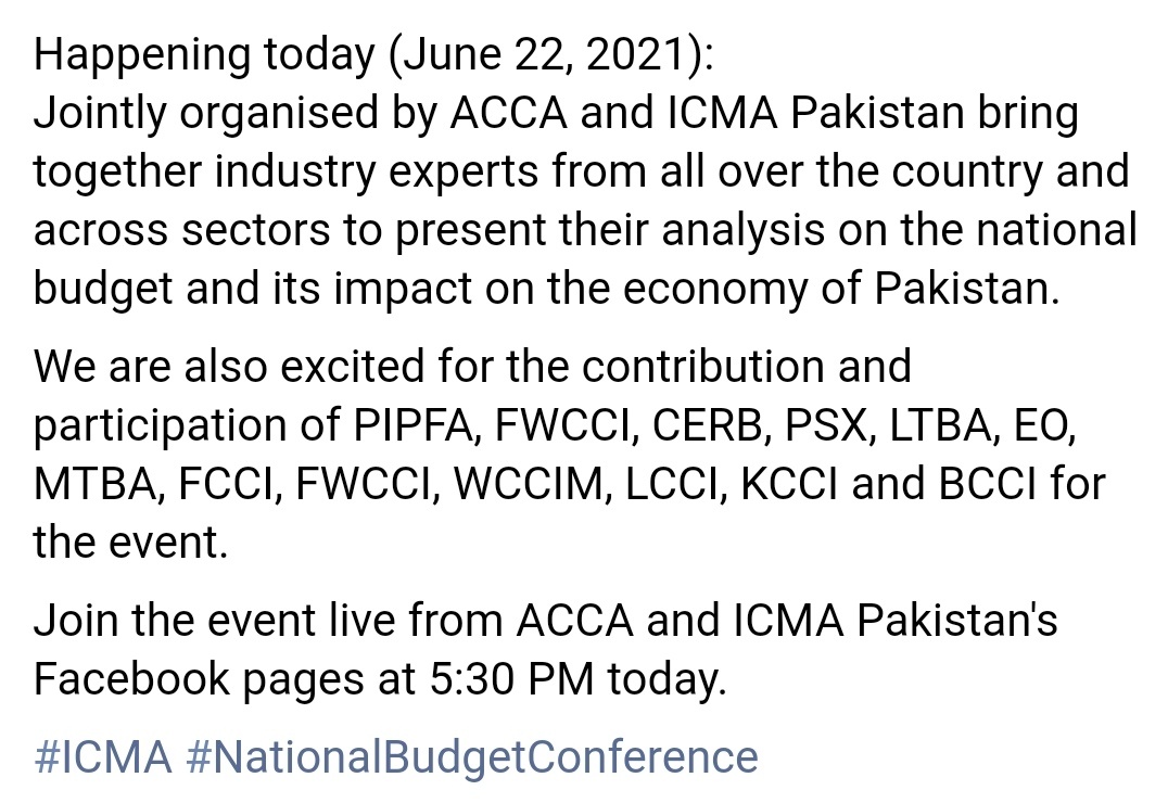 MishalZehra02's tweet photo. Watch A "National Budget Conference" Hosted By @WaseemBadami!!!....

Live From ACCA And ICMA Facebook Page, Pakistan🇵🇰...

Event Starting From Today At 5:30 PM Till 7...
#NationalBudgetConference #ACCA #ICMA https://t.co/M14UQ8nXkc