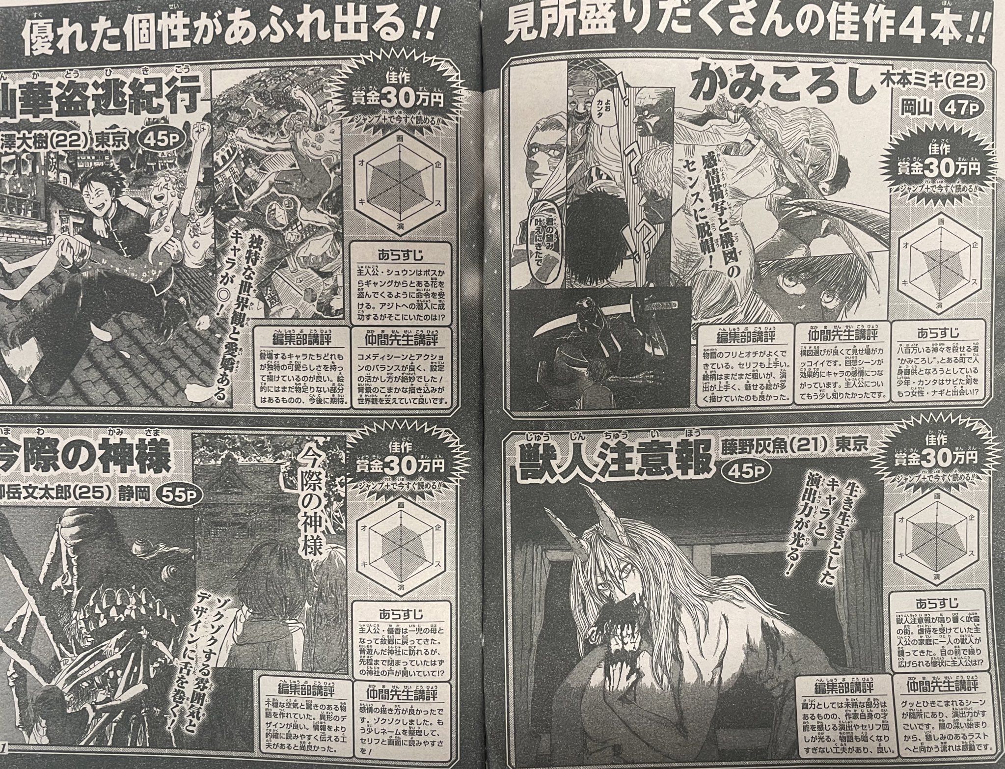 少年ジャンプ漫画賞 ４月期新世界漫画賞結果が発表されました 準入選１作 佳作４本 最終候補11本と前代未聞の大豊作で 急遽発表ページも増量 この数ヶ月の才能の集い方は凄まじいです 投稿してくれた方々 ジャンプを選んでくれてありがとうございます