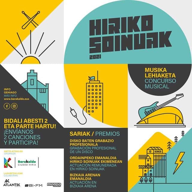 🥁 ⬆️ HEMEN DA #HirikoSoinuak  MUSIKA LEHIAKETA⬆️🥁

🟡 Sari nagusiaren irabazleak eta Barakaldoko artistarik onenak @bizkaiaarena -n joko dute urriaren 30ean
📣 Izena emateko azken eguna: uztailak 23
🎸 Finala: irailak 25, @teatrobarakaldo antzokian

#HS2021 #HirikoSoinuak