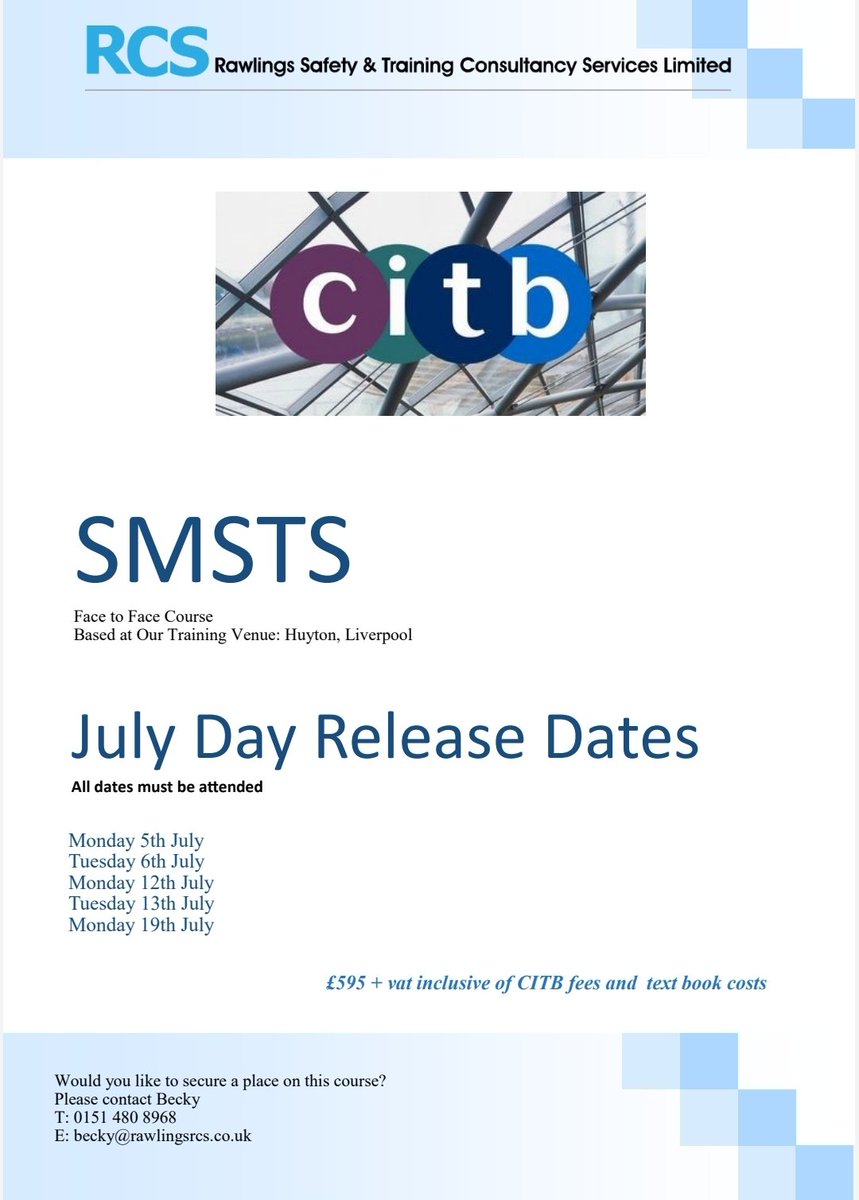 RCSSAFETY's tweet image. We have a few remaining spaces on our SMSTS course starting 5th July

#citbcourse #citb #handstraining #smsts #trainingliverpool #training #liverpool