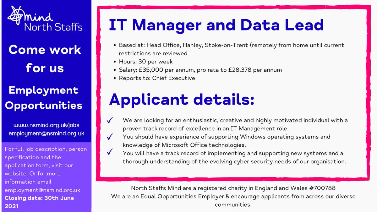 We're looking for an IT Manager &amp; Data Lead to join our management team, to support the continued development of our IT infrastructure. The post is 30 hours per week, based at our Head Office in Hanley (remote working initially).
Find out more &amp; apply:
nsmind.org.uk/jobs/