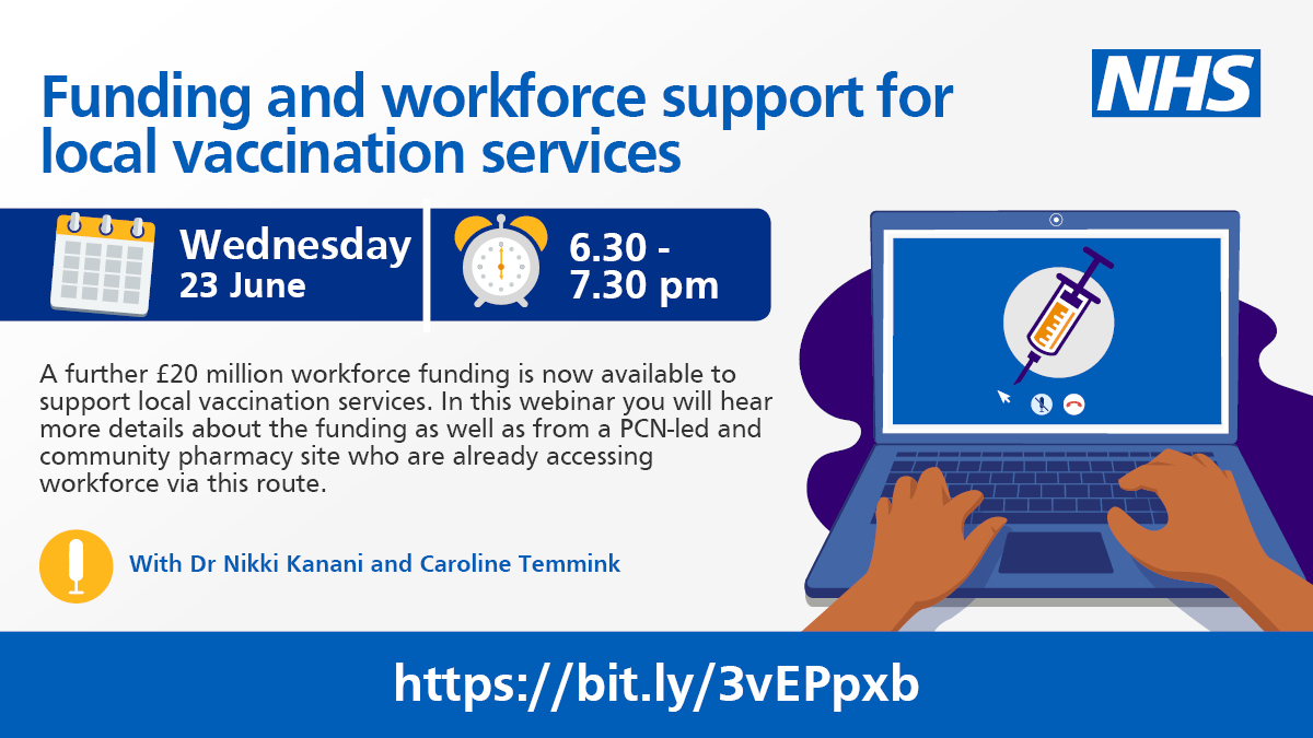 PrimaryCareNHS's tweet image. Join @NikkiKF, @NHSEngland colleagues and guest  speakers to talk through the £20m funding to support local vaccination services - #generalpractice and #communitypharmacy - and how it supports in practice. Register by 4.30pm tomorrow: bit.ly/3vEPpxb
