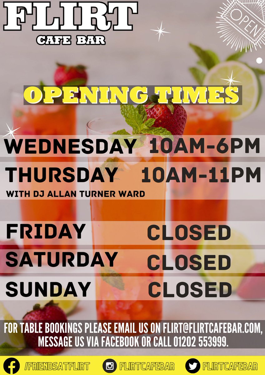 Check out our opening times this week at Flirt! 
For table bookings please email us on flirt@flirtcafebar.com, message us via Facebook or call 01202 553999.
#bournemouth #bournemouthtriangle #bmth #bournemouthtown #bournemouthtowncentre #dorset #bmthtriangle #staylocal
